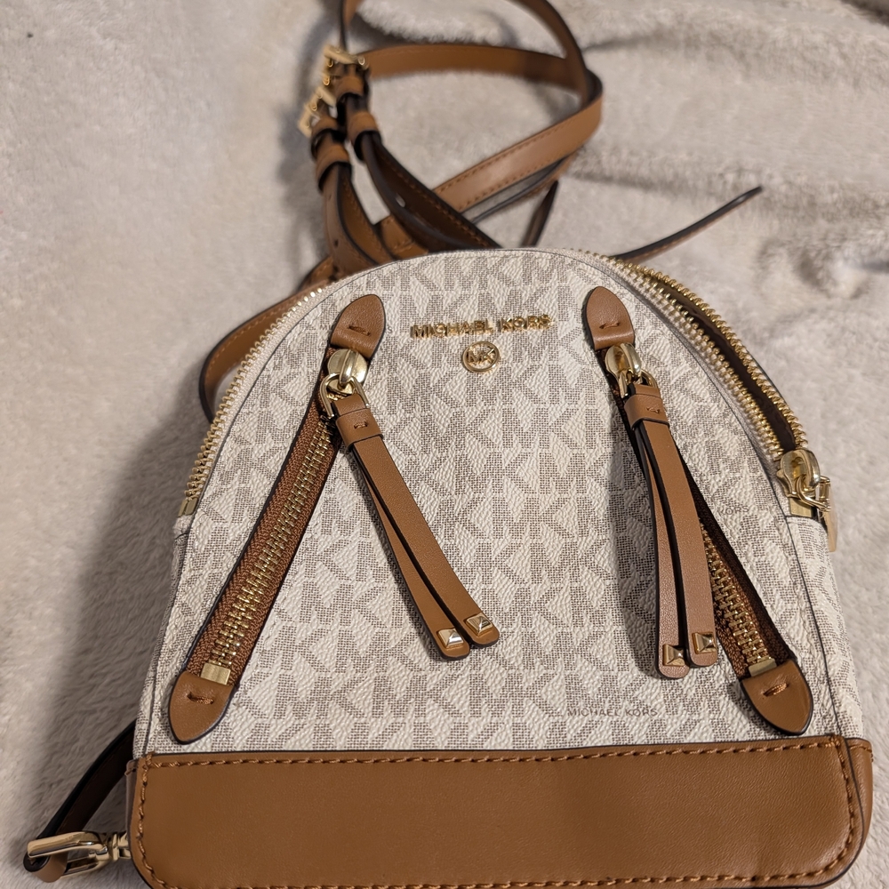Michael Kors Cream and Tan Signature Mini Backpack